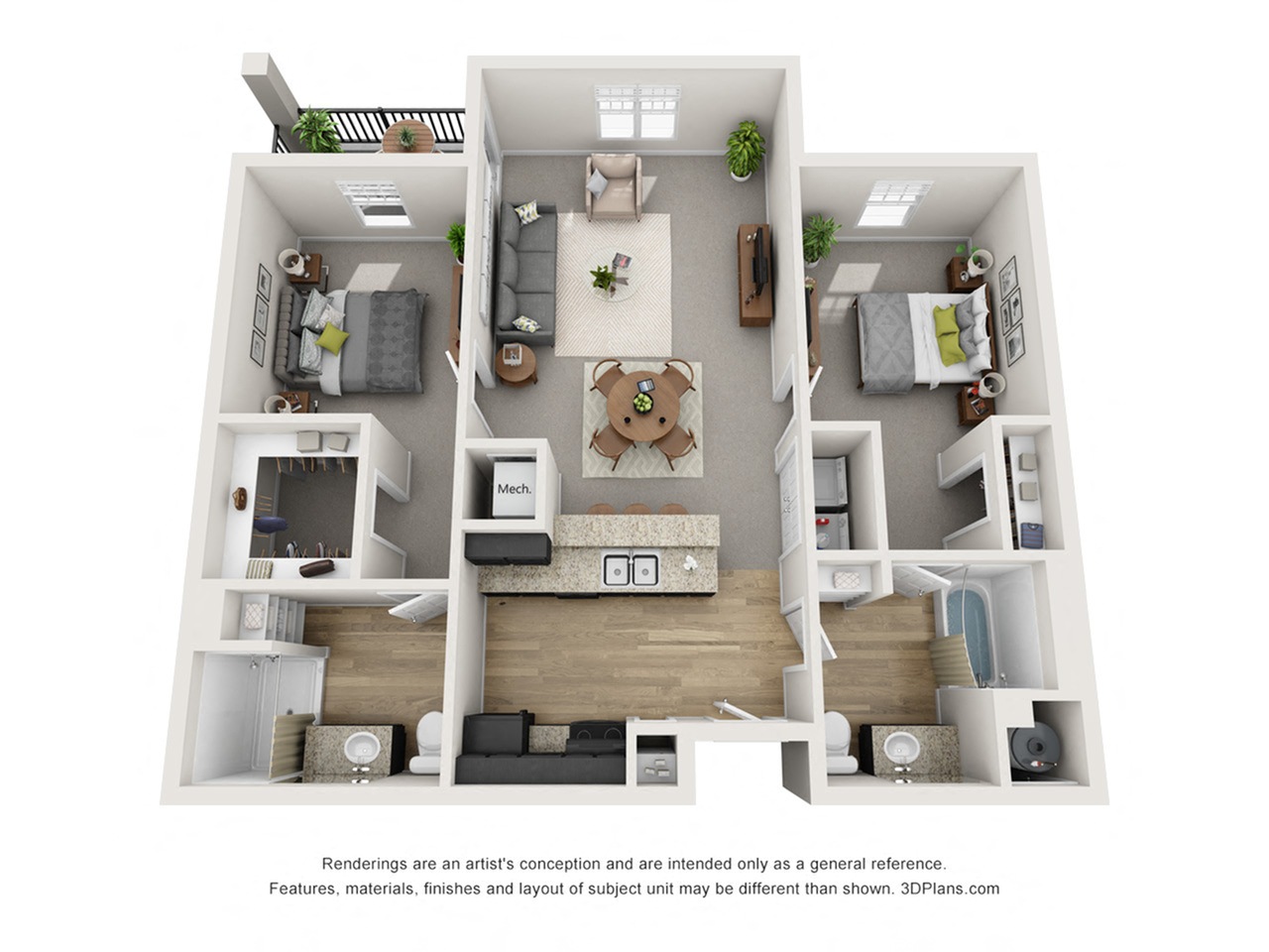 Floor plan for 2 beds, 2 baths, 1079 sqft